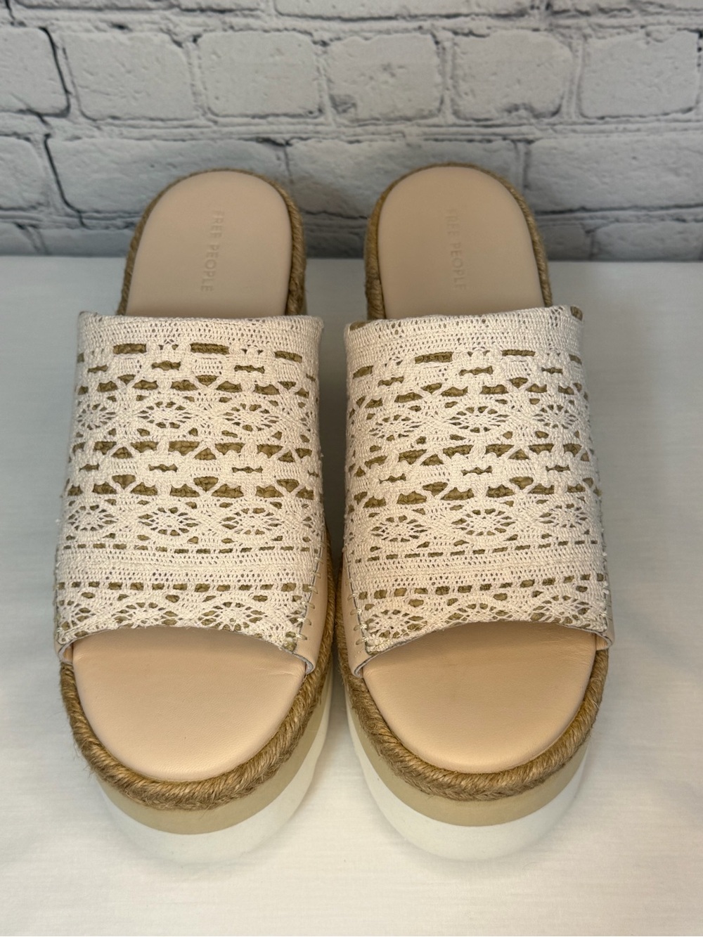 NEW Free People Crochet Platform Slide Sandals in Cream and Tan